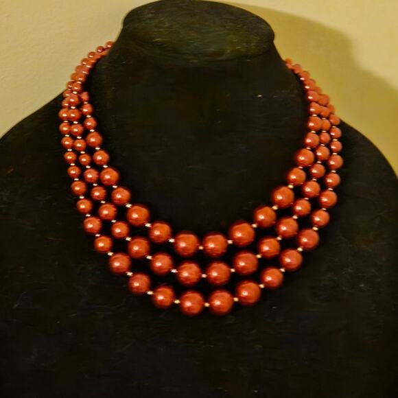 Charter Club Red Imitation Pearl Three-Row Collar Necklace ~ Statement Office - Picture 2 of 6